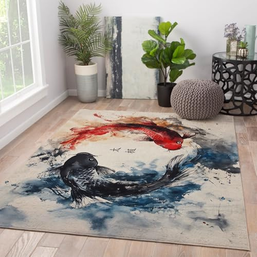 Via Vela Vintage Style Bereich Teppiche 120x180cm - Japanisch Tai Chi Yin Yang Viel Glück Koi Fisch Muster Rutschfester Flacher Flor Dünner Faltbarer Teppich für das Büro