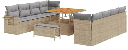 vidaXL 11-teiliges Gartensofa-Set mit Kissen in Beige aus Poly Rattan und Akazie für draußen - Modulares Lounge-Set für die Terrasse