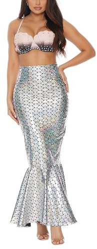 Feclmiyt Damen Meerjungfrau Schwanz Kostüm Prinzessin Pailletten Hohe Taille Fischschwanz Saum Maxi Meerjungfrau Rock mit Hologramm Finish Cosplay Halloween Cospla
