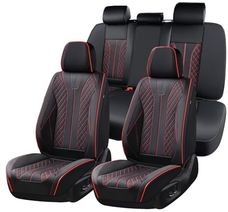 FLORICH Autositzbezüge Universal Sitzbezüge 5er Set für die Vordersitze und Rücksitze Autositzbezüge PU Leder Wasserdichtes passend für die meisten Pkw, SUV und LKW (Komplettset, Schwarz&Rot Linie)
