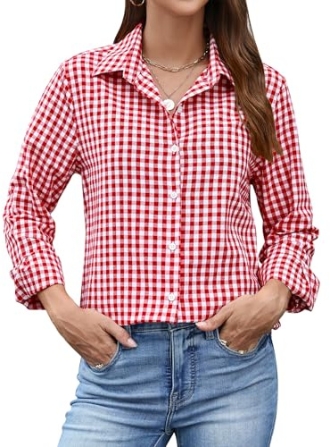 Rapbin Chemisier à manches longues pour femme - Couleur unie - Élégant - Rayé - Décontracté - Tenue d'affaires - Chemise ample en coton, Rouge et blanc à carreaux, XXL