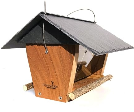 Bergisches Vogelhaus KoppersDesign (Zum Aufhängen), Silo Vogelfutterhaus, wetterfest, FSC Hartholz, Schieferdach, Luxus Vogelfutterstation, hochwertig, sehr beständig, Zwei Futterkammern, Handarbeit