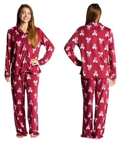 OHS Bow Pyjamas for Women Long Sleeve Shirt and Full Length Bottom Pyjama Bride Pjs Set Two Piece Button Down Soft Warm Winter Nightwear Sleepwear Loungewear, Burgundy - S/M