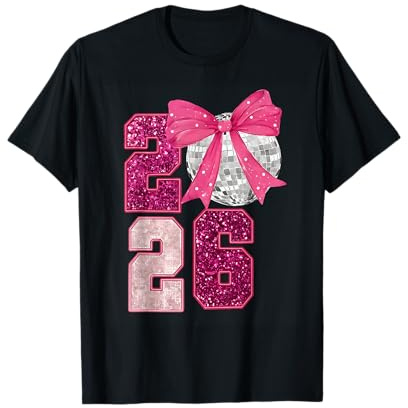 Happy New Year 2026 Discokugel Rosa Kokette Schleife Familie T-Shirt