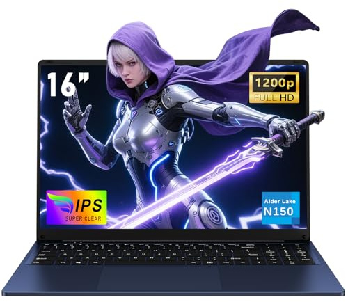 NAIKLULU 16 Pulgadas Portatil Computadora 2025, Processor N150 (1,2 a 3,6GHz) RAM 16GB SSD 512GB Ordenador Pc Portatil Laptop, Teclado Retroiluminado/6000Mah/Webcam