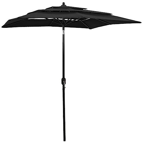 INLIFE Parasol de Jardin à 3 Niveaux avec mât en Aluminium Noir 2x2 m