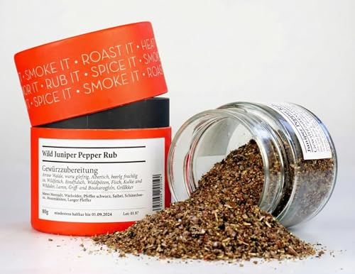 GLÜHGUT Wild Juniper Pepper Rub by Gewürzmühle Rosenheim – Wildgewürz mit Wacholder & Pfeffer (80g) in Geschenkdose – Ideal für Wildfleisch, Rind, Lamm & Wintergrillen