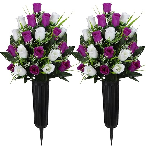 Velibobo 2 Sets künstliche Friedhofsblumen, Grabschmuck Rosen, Gedenkblumenstrauß mit Vase für Friedhof Grabstein Dekorationen (Purpurrot-Weiß)