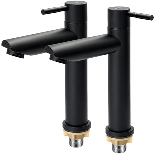 SUNNYNEST Black Basin Pillar Taps Pair Twin Hot & Cold Bathroom Sink Taps | 1/4 Turn Modern Round Cloakroom Taps, Matte Black Stainless Steel, with Flexible Hoses