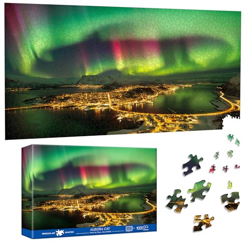 Pavemlo Puzzle 1000 Teile Nordlichter Über Norwegischem Fjord - 41x80cm Spezialform Klassische Puzzles für Erwachsene | Unmögliches Puzzle Puzzle-Liebhaber | Wanddekoration