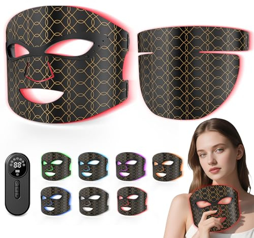 LED Maske Gesicht & Hals, Rotes & Blaues Licht mit 7 Modi, 608 Perlen | 855nm NIR, Aufladbar Rotlicht Gesichtsmaske 3000 mAh, Verstellbare Bänder für Hause