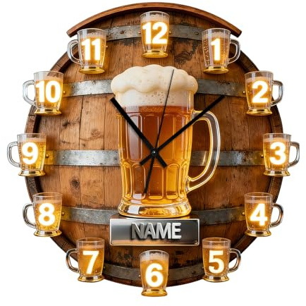 ASD Jewerly Personalisierte Bier Tasse Glas Thema Uhr Geschenk Männer, 2D Flachdruck benutzerdefinierter Name Bier Glas Wanduhr Home Dekoration Schlafzimmer Dekor
