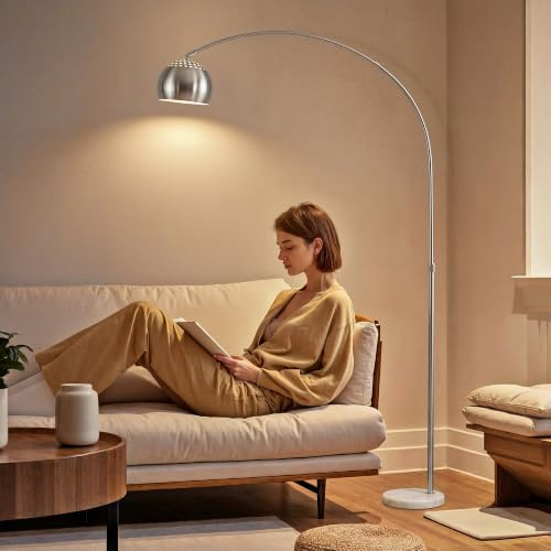 HOMCOM 167cm Arc Floor Lamp Modern Adjustable with Foot Switch Silver Tone | Standing Lamp, Faux Black Marble Base, Bell Shade, for Living Room, Home Offices, Bedrooms