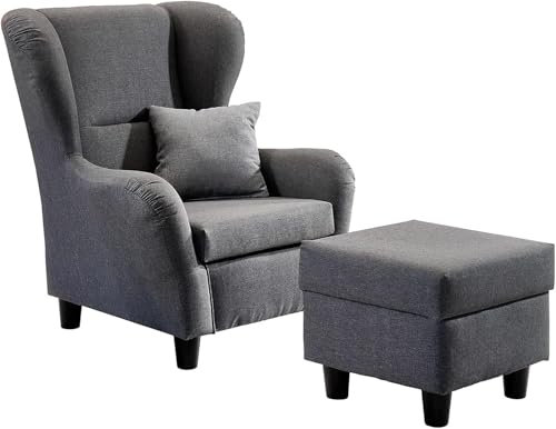 lifestyle4living - Moderner Ohrensessel mit Hocker – Große Auswahl an Stoffen und Farben - Gemütlicher Designer-Sessel im eleganten Landhaus-Stil, Grau