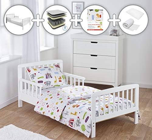 ELEGANT BABY 7 Piece White Toddler Bed Bundle, With Pocket Sprung Mattress & Circus Friends Reversible Bedding, Solid Pine Wood Base | (Junior & Children's Bed)