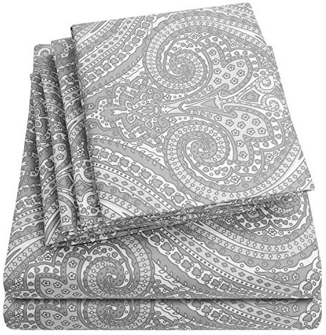 Kingsize-Bettlaken, 6-teilig, 1500 Supreme Collection, fein gebürstete Mikrofaser, Tiefe Tasche, Kingsize-Bett, 2 zusätzliche Kissenbezüge, tolles Preis-Leistungs-Verhältnis, Paisleymuster Grau