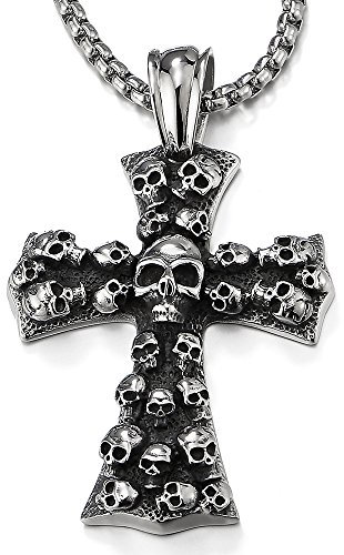 COOLSTEELANDBEYOND Großes Gotik Vintage Schädel Kreuz Anhänger Halskette für Herren Edelstahl mit 75cm Weizen-Kette