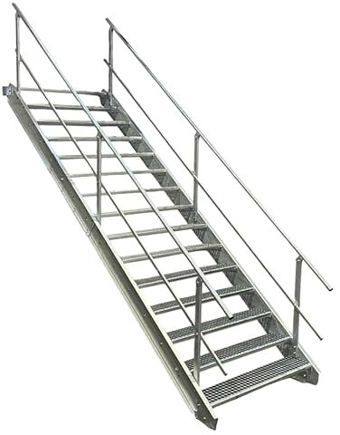 15 Stufen Stahltreppe mit beidseitigem Geländer/Breite 100cm Geschosshöhe 250-320cm / Robuste Außentreppe/Wangentreppe/Stabile Industrietreppe für den Außenbereich/Inklusive Zubehör