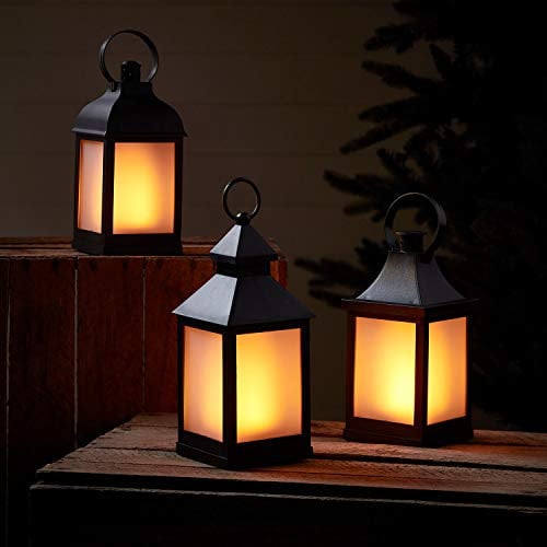 Lights4fun 3er Set LED Laternen Schwarz mit Flammeneffekt Timer Außen Garten Deko Balkon Halloween Deko Batterie Schwarz Garten Outdoor Wetterfest