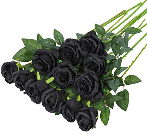 Hawesome 12PCS artificial roses fake flowers single long stem blooms with rose buds Wedding Decoration Bridal Bouquet decorative flower arrangement Home Decoration Party centerpieces in black