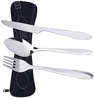 Prettyui Silverware Cutlery Set Stainless Steel with Organizer Bag Travel Camping Flatware Dinnerware Tableware Kit with Storage Lunch Box for Picnic School Knife Fork Spoon Set Black Case(3 Pack)