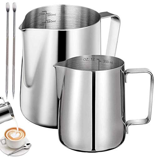 Milchkännchen Edelstahl,Tianher 2 Stück Aufschäumer Kännchen 350 ml 600ml Milchkanne aus Edelstahl Milch Pitcher Aufschäumen Krug mit 2 Stück Barista Stift Messung Mark für Cappuccino und Latté.