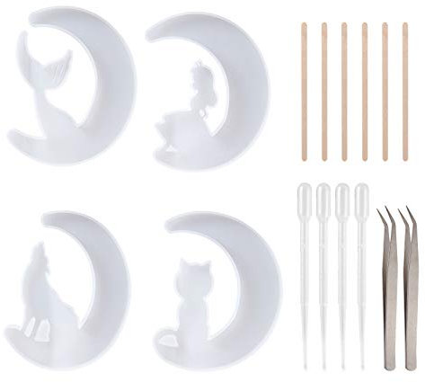 Craftdady, set di stampi in resina con mezzaluna in silicone, con luna lupo, luna, gatto, luna, coda di sirena, in silicone, per progetti fai da te fatti a mano