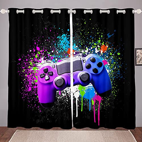 Loussiesd Gaming Bedding Window Drapes Set Kids Boys Game Curtain Teens Video Game Controller Tie Dye Window Drapes Purple Blue Gamer Window Treatments W66*L72