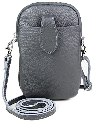 Kleine Damen Leder Umhängetasche, Ital. Handtasche Handy Echtleder, Crossbody Schultertasche für Frauen Mädchen, 0002111070, Tasche Farben:Anthrazit