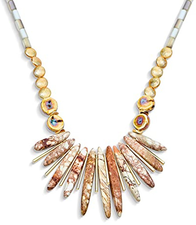 Blue Peck Bio facettierten Perlen und komprimieren Türkis unregelmäßigen Stein Bib Fan Aussage Kragen Choker Halsketten Western Schmuck für Frauen Teens vergoldet Perle & Verschluss einstellbar