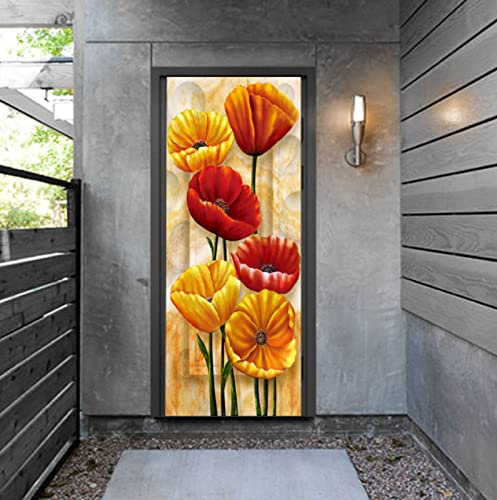 BOJTAN Türtapete Selbstklebend Türposter,Türtapete 3D Gelbe weiße Blume Türfolie für Tür Wohnzimmer Schlafzimmer Küche und Bad 77x200cm PVC Abnehmbar WasserdichteTüraufkleber