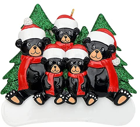 MAXORA Orso nero personalizzato famiglia di 5 ornamenti per albero di Natale – Materiale resina, perfetto per decorazioni natalizie
