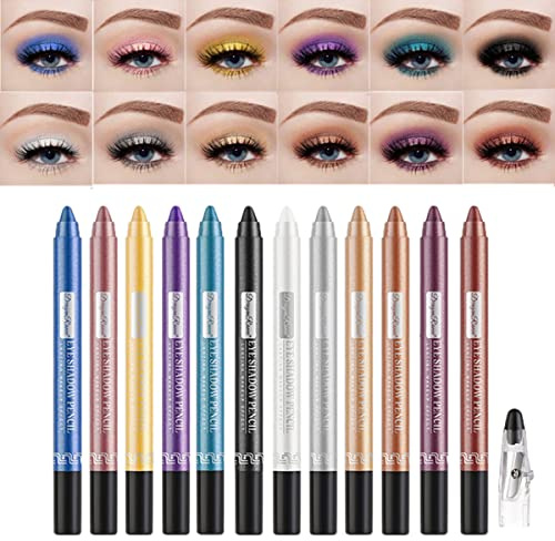 Pakivs 12 Teiliges Lidschattenstift Set, Langanhaltender Glitzer Mehrzweck Eyeliner Stift und Lidschatten Make up Stift mit Anspitzer