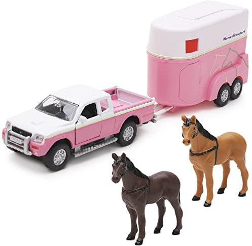 Toyland® Pink Truck & Pink Horse Box - Ensemble de Jeu de Ferme - 2 Chevaux Inclus - Métal moulé sous Pression