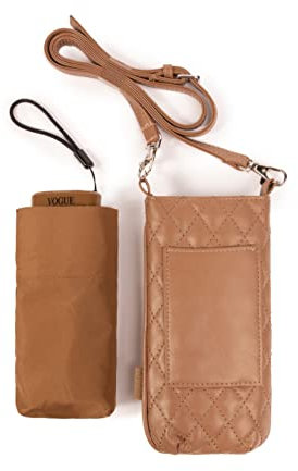 VOGUE Paraguas micromini plegable mujer elegante, fino y ultra ligero. Con bolsito smartphone. Ideal para regalo. Sistema Anti-viento (Wind Proof), Protección Solar UV. Apertura manual. (Marrón)