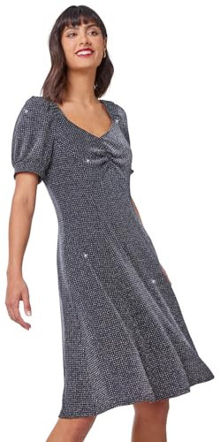 Roman Originals Tea Dress for Women UK Ladies Skater Swing Fit & Flare Flattering Summer Knee Length Frill Hem Ruched Chest Casual Smart Cocktail Party Going Out - Black Silver - Size 12