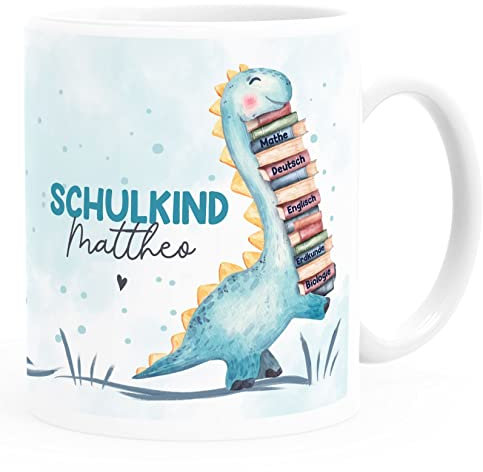SpecialMe® Tasse Schulkind Dino Geschenk Einschulung personalisiert mit Namen Kindertasse aus Keramik für Jungen Mädchen Jungen weiß standard