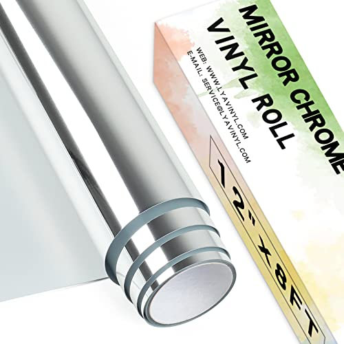 Chrome Mirror Permanent Vinyl,12x 8ft Silver PET Self Adhesive Vinyl for Cricut, Silhouette Cameo, Silver Vinyl Roll for Decor Sticker, Party Decoration