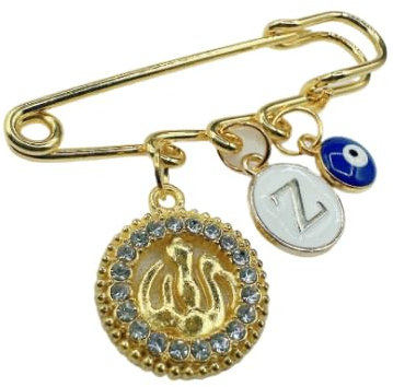 Baby Stecknadel mit Anfangsbuchstabe Anstecknadel Brosche personalisierte Baby Geschenk Mädchen Junge Glücksbringer Kinderwagen PIN (Blaue Auge & Allah)