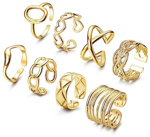 Chriscoco 8Stücke Edelstahl Ringe Set für Damen Knöchel Ringe Gold Boho Stapelbare Ring Offene Verstellbare Ringe Frauen
