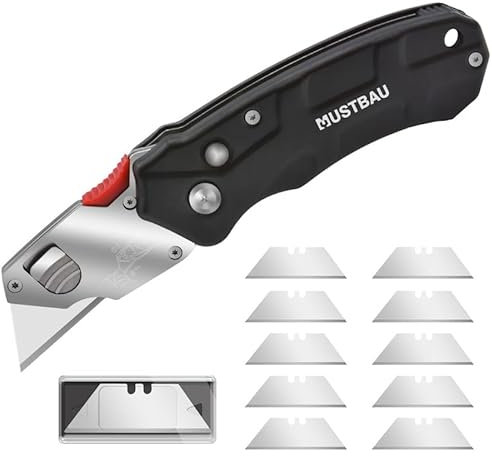 Mustbau Cutter Professionnel Pliant, Couteau Universel avec 10 Lames Supplémentaires en SK5, Outil idéal en Aluminium Pour Couper (Avec Changement Rapide et Verrouillage de la Lame)