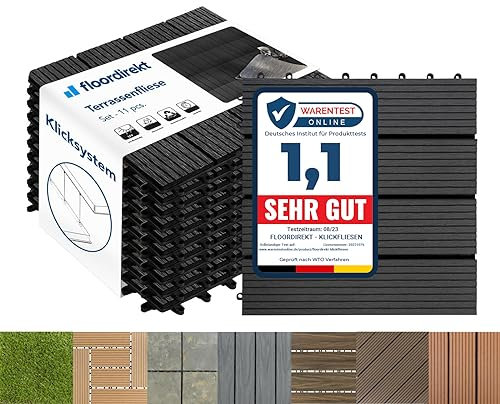 Floordirekt WPC Fliesen 30x30 cm, 1m² = 11 Terrassenfliesen, Klickfliesen, Balkonfliesen in Holzoptik - Bodenbelag für Balkon & Terrasse - wetterfest mit Drainagefunktion | Anthrazit | Royal
