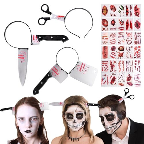 Fosoloni Halloween Accessoires - 4 Stück Machete Headband, Schere Scheide, Gruseliger Kopfschmuck für Erwachsene Damen - Halloween Karneval Pranks