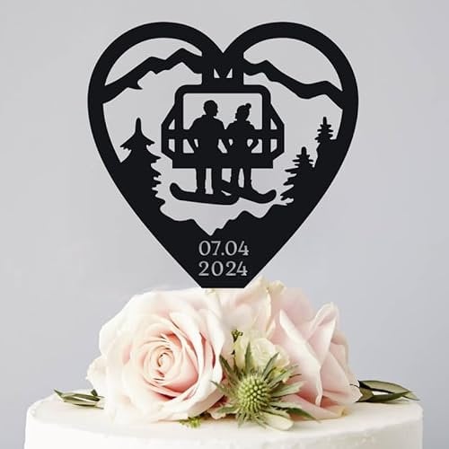 Mountain Ski Resort Snowboard Cake Topper Snowboarding Winter Couple Bride And Groom Lift, For Funny Novelty Customized Acylic Silhouette