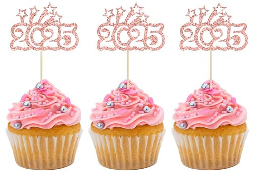 24Pcs Happy New Year Cupcake Topper 2025 Glitter Welcome to 2025 Cupcake Toppers Cheers to 2025 Cake Pick Decorations for 2025 New Year Eve Party Decor Supplies Rose Gold