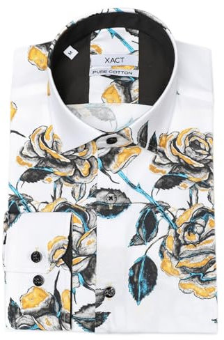 Xact Chemise à Manches Longues avec Imprimé Floral de Roses pour Homme, Coupe Régulière (Rose - White/Gold) L