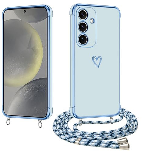 E-Lush Handyhülle kompatibel mit Samsung Galaxy S24 Hülle mit Band, Handy Hülle für Samsung S24 mit Kette Schutzhülle Herz Love Muster Galvanik Silikon Stossfest Case mit Kordel zum Umhängen, Blau