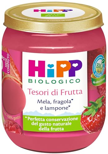 HiPP - Tesori di Frutta, Novità, Omogeneizzato Biologico di Frutta Neonato, Gusto Mela, Fragola e Lampone, Indicato dal 5° Mese di Età, Neonato, Qualità Bio HiPP, 6 vasetti da 160g
