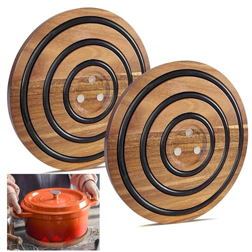 LAIAMER Magnetische Untersetzer aus Holz für heiße Töpfe und Pfannen, hitzebeständiger Untersetzer aus Akazienholz mit gepolsterten Silikonstreifen für Le Creuset Dutch Ovens heiße Gerichte und Töpfe,