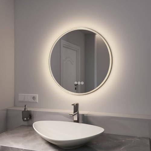 EMKE Spiegel Rund 60cm LED Badspiegel mit Beleuchtung Touch-Schalter, Dimmbar 3 Lichtfarben, Beschlagfrei Badezimmerspiegel mit Beleuchtung Rund Goldener Rahmen IP44 Energiesparend